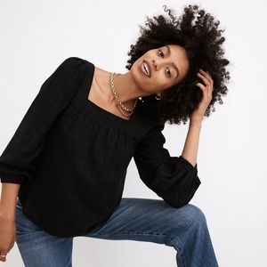 Madewell Square-Neck Bubble-Sleeve Top in Plaid